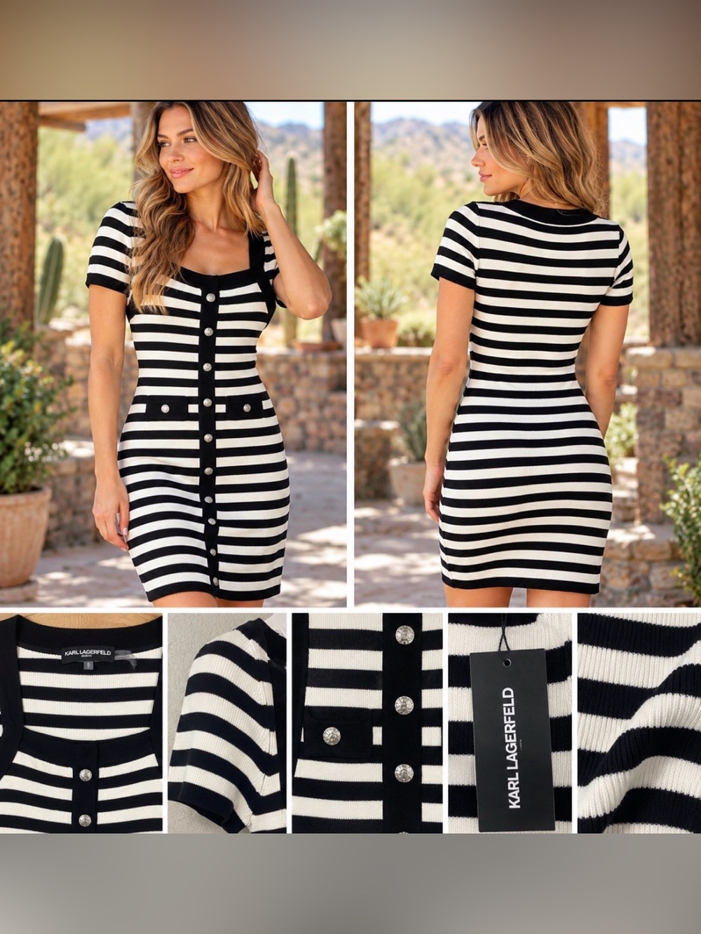 Karl Lagerfeld Black & White Striped Short Sleeve Knit Dress